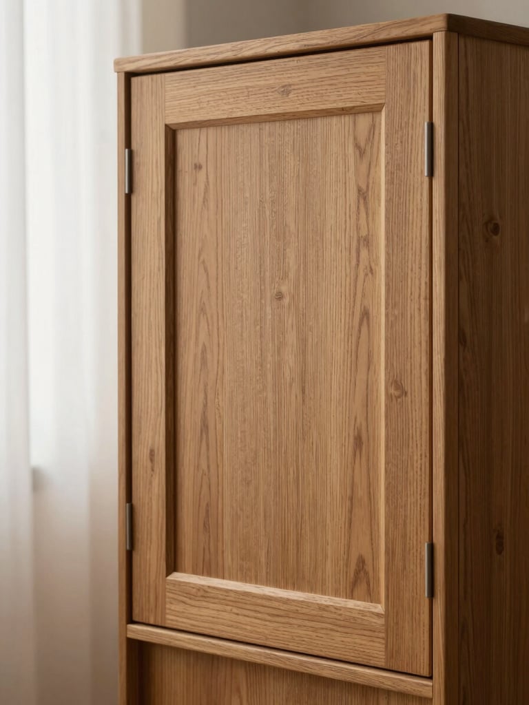 Tight three-quarter view of a solid oak cabinet door panel, close-up on hand-routed joinery and grain detail, soft north-facing daylight from the left, muted warm tones, no people