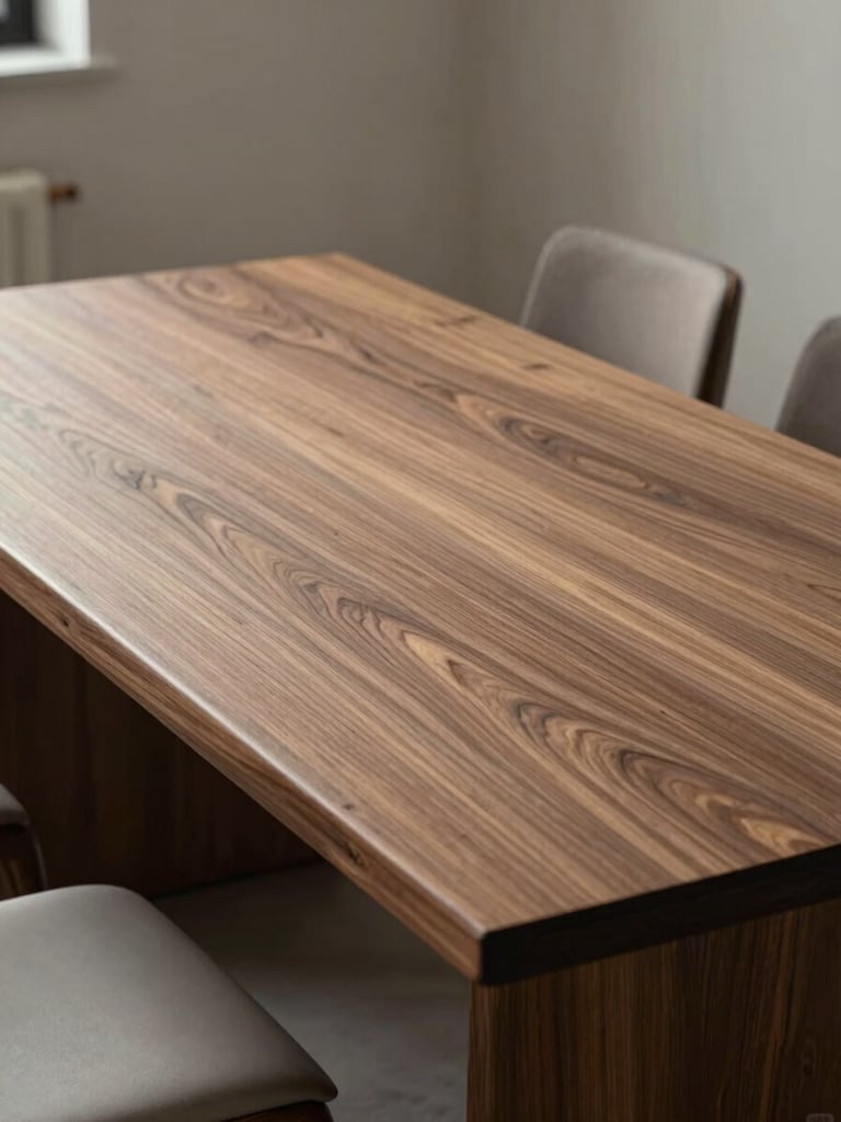Close three-quarter view of a solid walnut dining table in a sparsely furnished room, soft north-facing daylight raking across the grain, two chairs partially visible at frame edges, wide portrait crop emphasizing the table's joinery and material surface