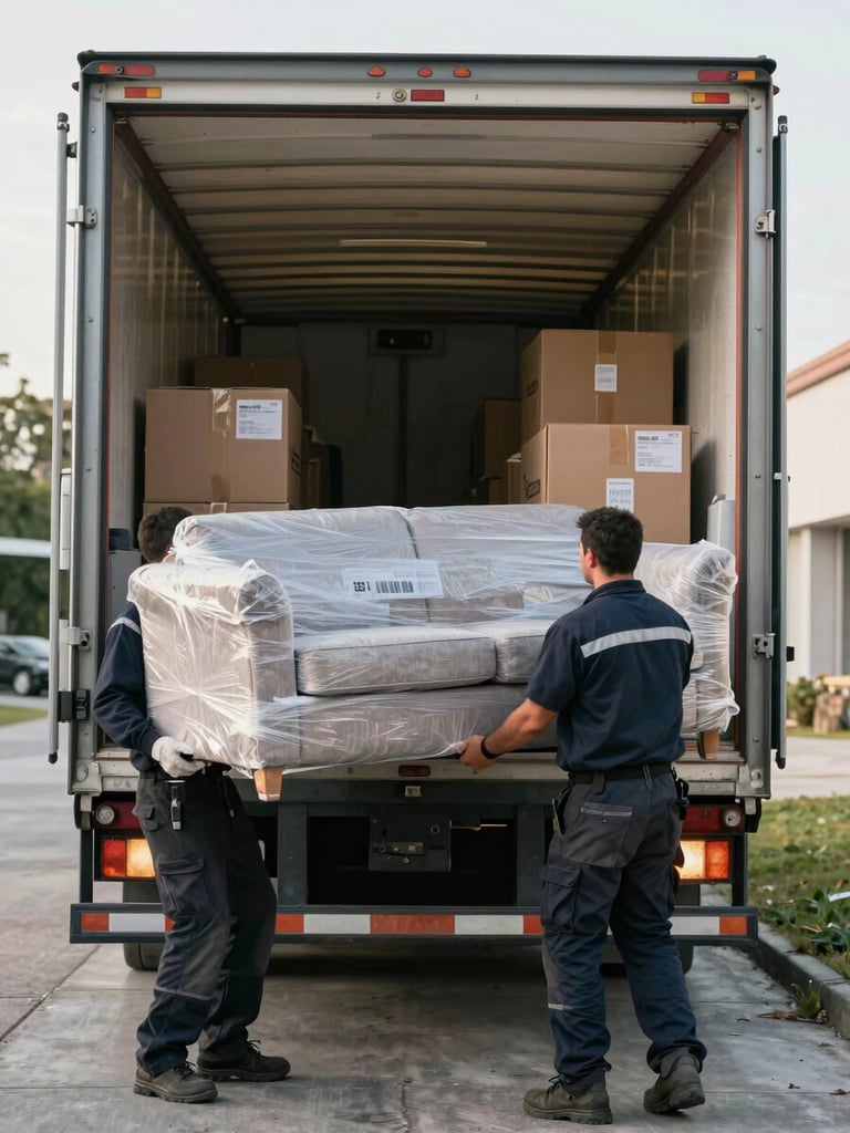 Ground-level wide shot of two crew members in work uniforms carrying a wrapped sofa down the ramp of a moving truck, natural daylight flooding in from the open bay doors, packed and labeled boxes visible deep inside the truck bed, concrete driveway underfoot