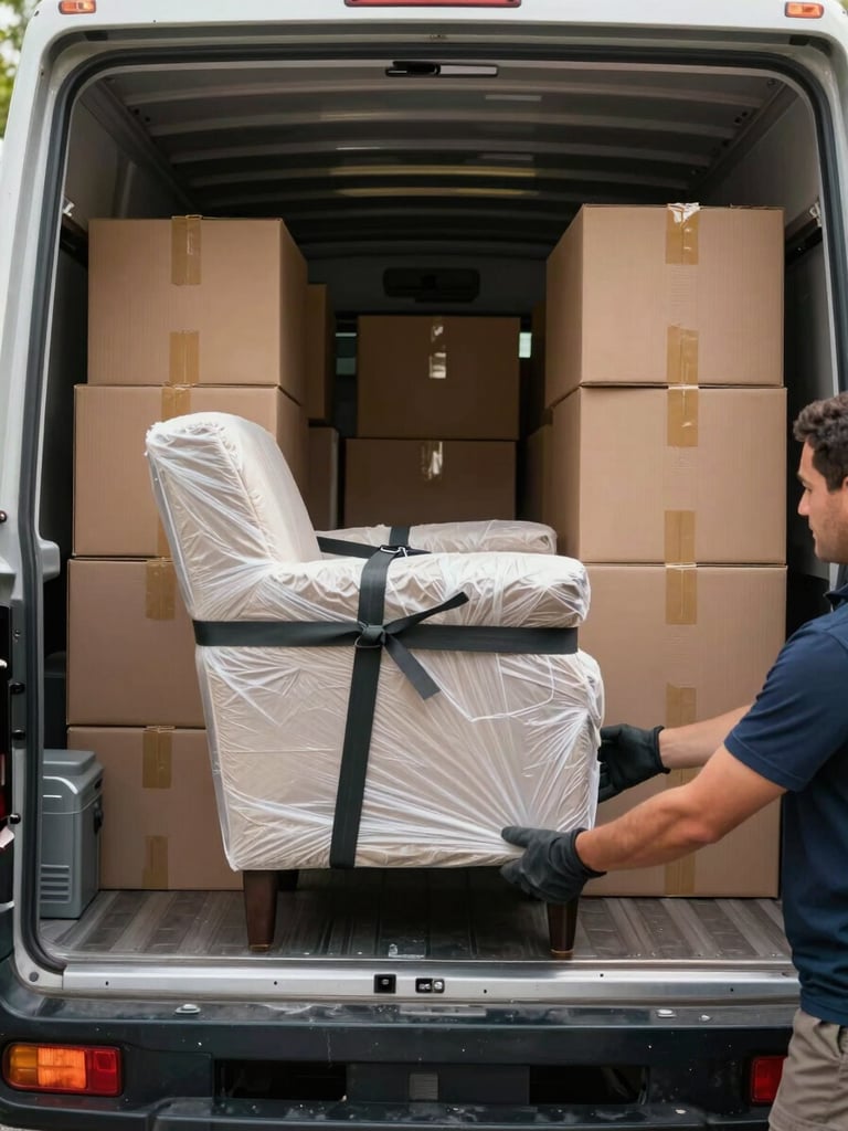 Ground-level view of a mover's gloved hands securing a wrapped armchair with heavy-duty straps inside a packed moving truck, organized boxes stacked in rows behind, natural daylight streaming through the truck's open rear doors