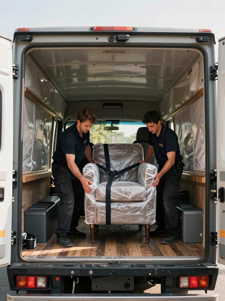Wide environmental shot inside a moving truck, a crew member securing a wrapped armchair with straps against padded walls, natural daylight streaming through the open rear doors, wooden floor of truck visible, organized and methodical