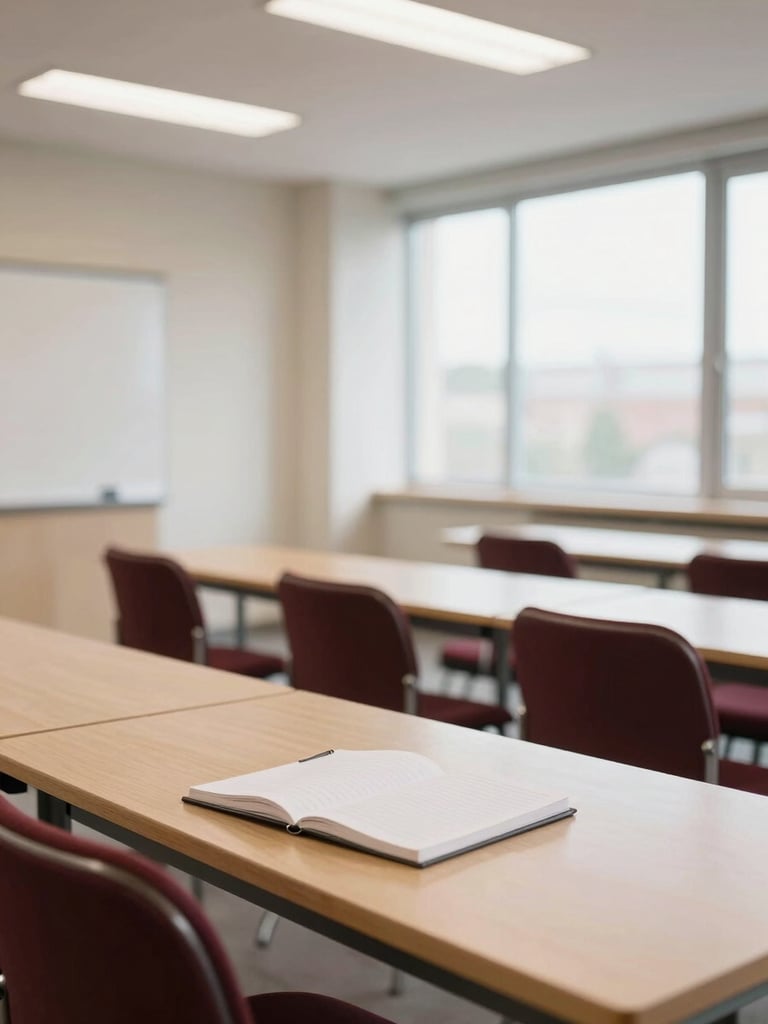 A bright modern training classroom, clean wooden tables, notebooks, elegant minimalist decor, diffused natural daylight, 35mm