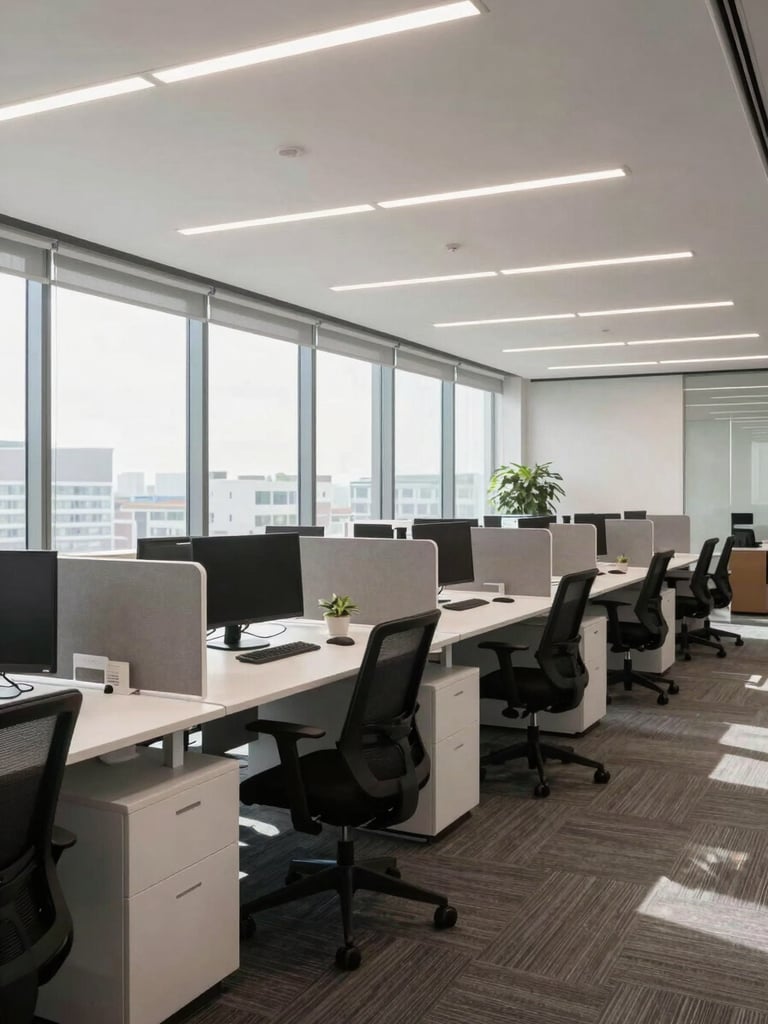 Wide-angle environmental shot of a completed corporate office floor in HITEC City, Hyderabad. Bright natural daylight streaming through large windows, modern modular workstations neatly aligned, commercial-grade ergonomic mesh chairs, clean corporate aesthetic.
