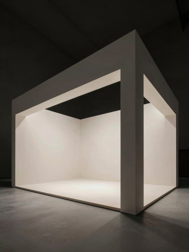 Wide-angle architectural photography of a completed premium exhibition stand, dramatic exhibition spotlighting, sharp structural lines, sober desaturated tones, negative space on the left