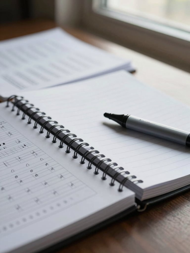 Close-up tight shot of open spiral notebooks and printed practice sheets spread across a desk, a highlighter resting on a margin note, soft indoor daylight from a nearby window, pages slightly textured and real-looking