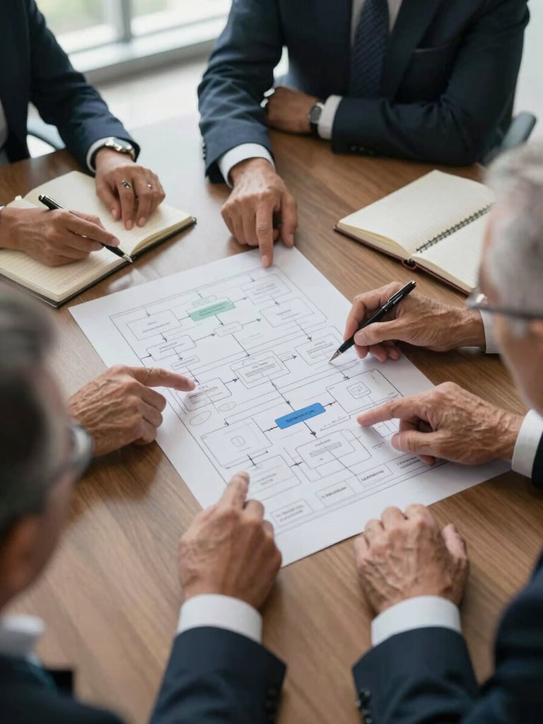 Close overhead shot of a large conference table in an Angolan office, senior professionals' hands pointing at a printed process architecture diagram, pens and notebooks visible, cool daylight from a window on the upper left, sharp focus on the diagram detail, no faces visible