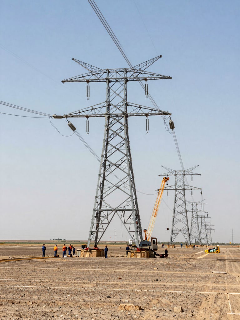 Wide environmental shot of high-voltage transmission towers being erected in arid flat terrain, crew and crane at base of nearest tower, line of towers receding to horizon, midday site lighting