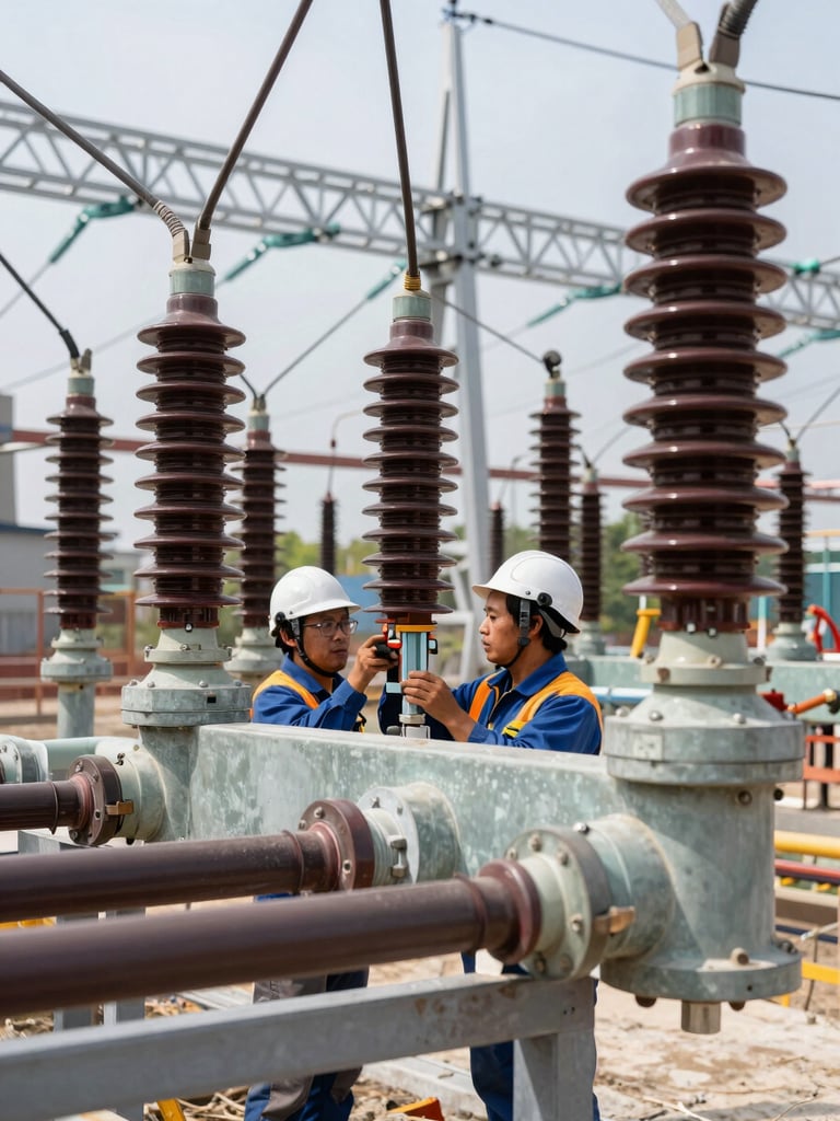 Close-up of high-voltage substation busbars and insulators being installed by a crew on an active construction site, daylight, steel lattice structure visible in background, conduit runs foreground