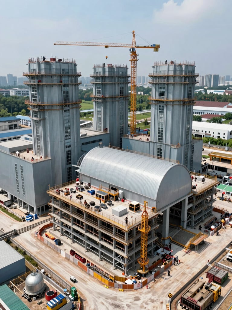 Overhead view of a power plant construction site showing turbine hall structure and surrounding infrastructure at mid-construction stage, crane visible, workers at scale in foreground, industrial daylight