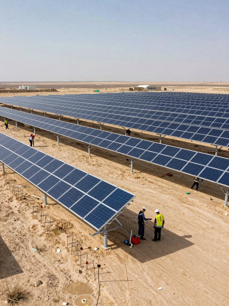 Wide environmental shot of a utility-scale solar farm under construction, rows of panels being mounted on steel racking, crew working mid-field, open desert landscape extending to the horizon, daylight