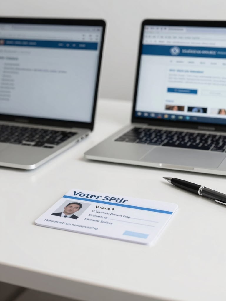 Organized desk with a Voter ID card, a laptop showing an official government portal, and a pen, bright neutral office lighting, sharp focus.