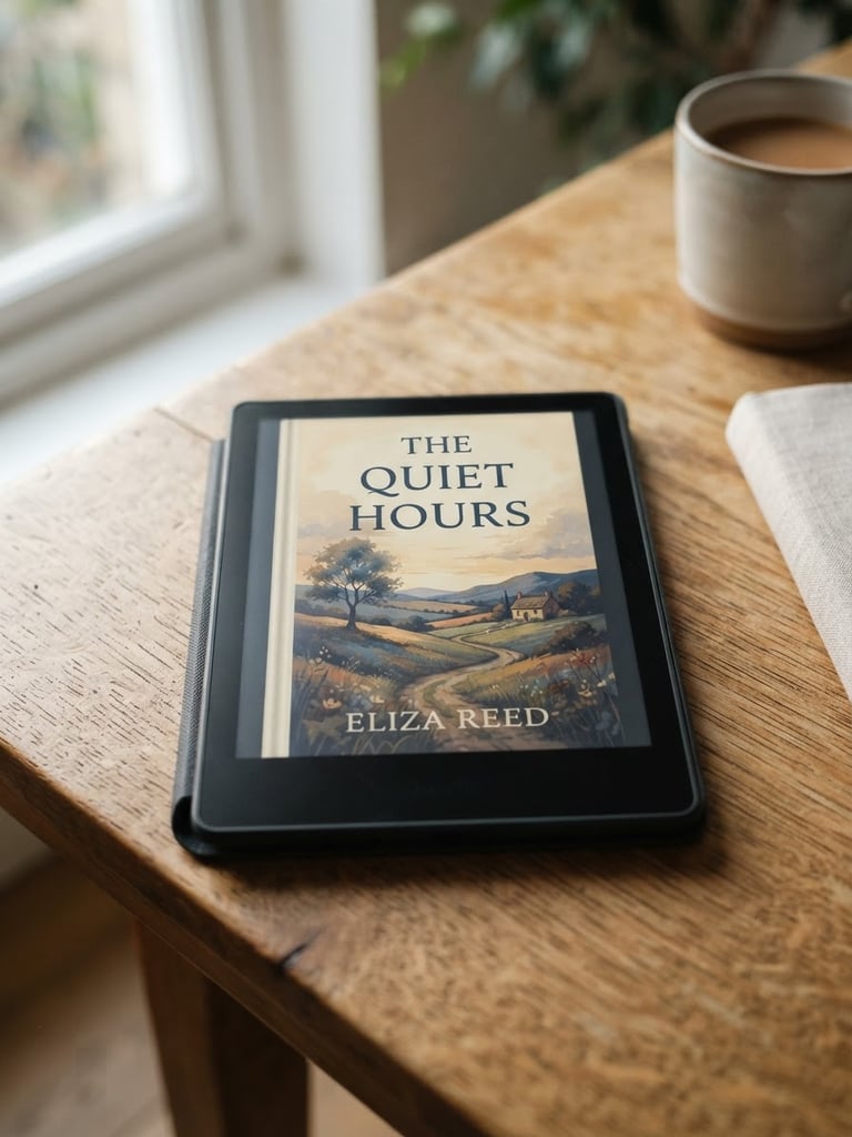 A high-quality 3D mockup of an e-reader displaying beautifully typeset book covers, resting on a warm wooden table with soft shadows from natural window light.