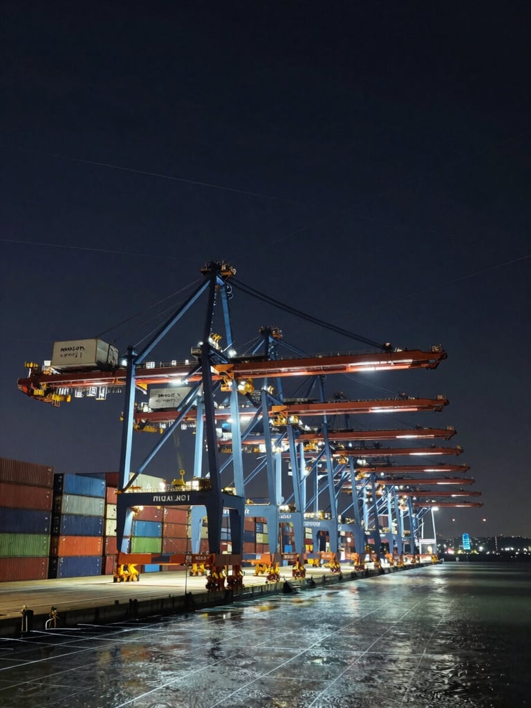 Wide-angle night view of an active deep-water container port, towering gantry cranes illuminated by cool LED floods, stacked cargo containers receding to the horizon on the right, data-overlay grid lines suggesting live tracking systems, dark navy sky above