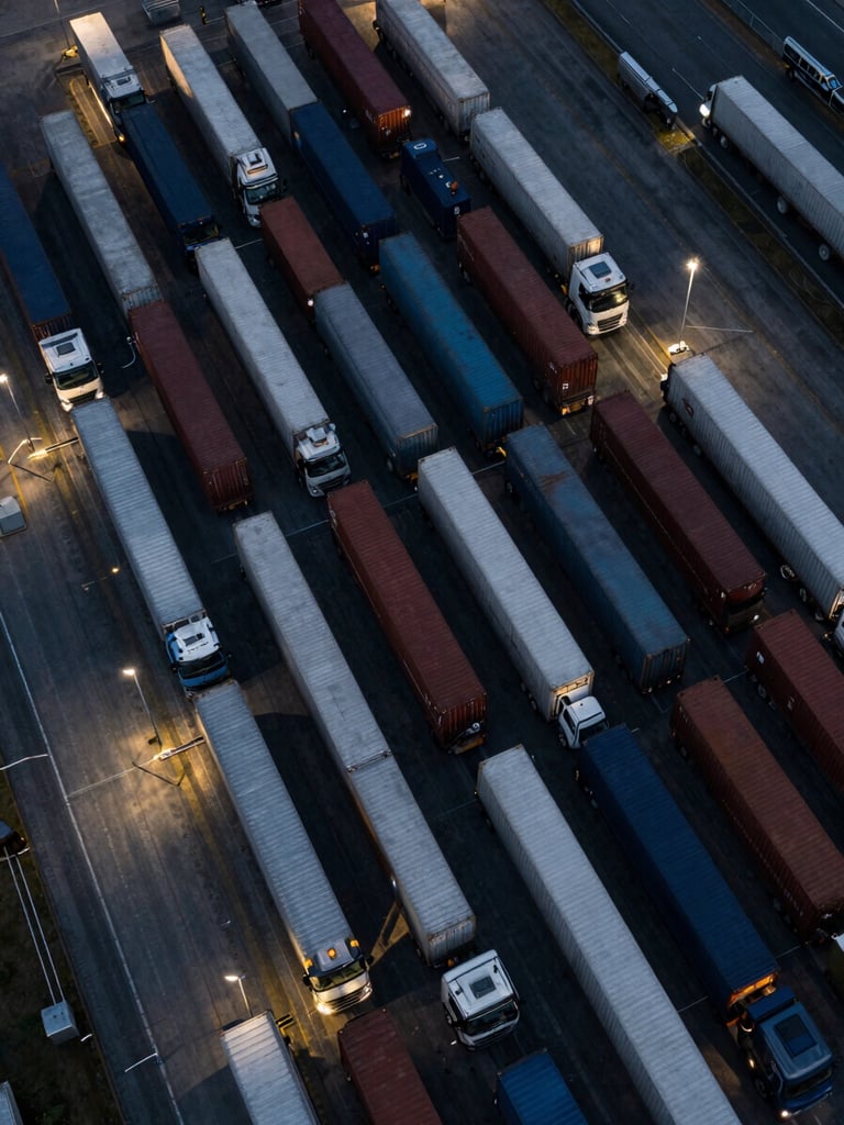 Overhead bird's-eye view of a busy freight logistics hub at dusk, dozens of trucks and containers arranged in systematic rows under cool floodlights, aerial perspective emphasizing scale and operational density, deep navy tones with silver-lit surfaces