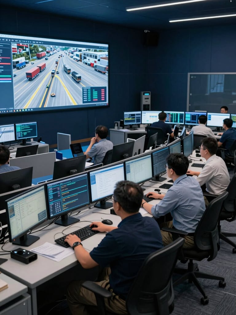 Wide shot of an active logistics command center, operators seated at curved monitor arrays showing live freight route overlays and cargo status dashboards, cool blue-LED ambient lighting, deep navy environment, data streams visible on screens