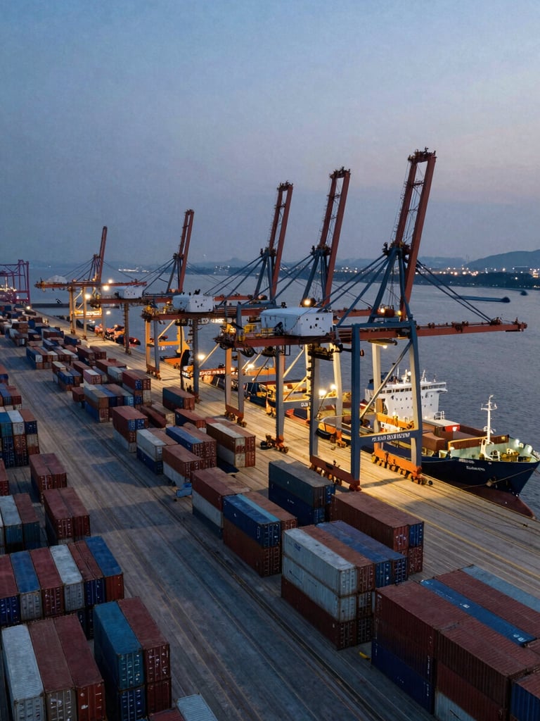 Bird's-eye overhead shot of a container terminal at dusk, cranes active, stacked containers in precise rows under cool port floodlights, a single vessel docked at the quay, wide establishing frame with open sky above
