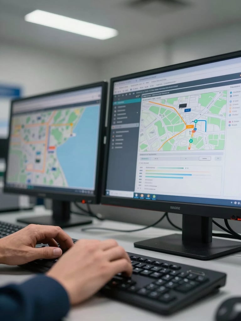 Close-up of hands at a logistics control workstation, fingers on keyboard with a live cargo tracking dashboard on screen, cool fluorescent overhead light, port maps and shipment status visible on dual monitors, narrow depth of field bringing the interface sharp