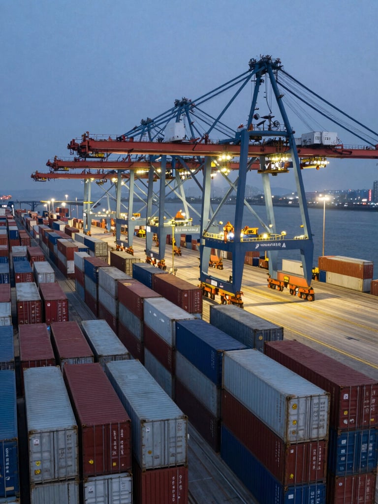 Wide bird's-eye view of a major container port terminal at dusk, stacked cargo containers receding into the left frame, cool LED crane lights active overhead, dense infrastructure suggesting continuous automated operations, no people visible