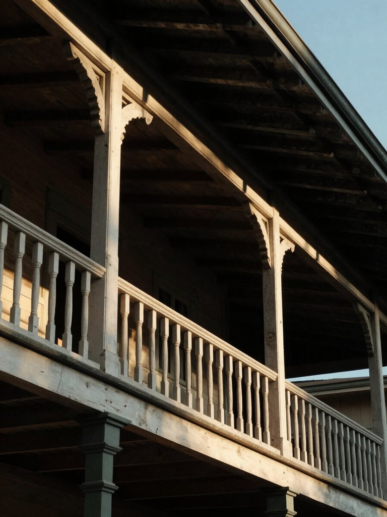 Close-up architectural crop of traditional Queenslander timber veranda, high-contrast natural light, deep golden hour shadows.