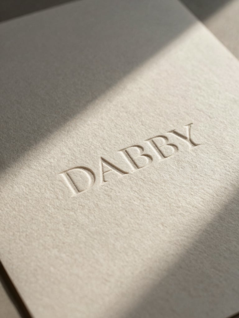 A high-angle portrait crop of physical debossed branding collateral on heavy handmade cotton paper, soft north-facing daylight casting elegant shadows, minimalist composition.