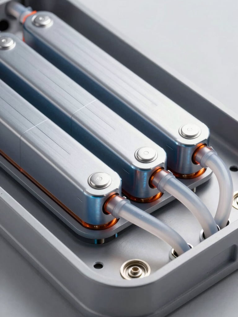 Close-up of internal battery architecture showing liquid cooling tubes circulating around high-density lithium cells, cool blue and orange highlights, sharp studio lighting.