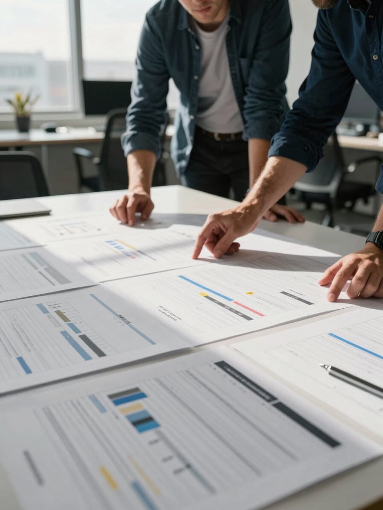 Wide environmental shot inside a founder's operations office — two people leaning over a large table covered in printed dashboards and annotated spreadsheets, natural window light falling across the documents, hands visible mid-discussion, context of a working business space in background