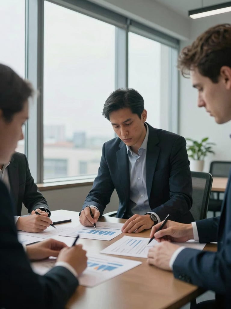 Wide medium shot of a founder and two colleagues at a conference table reviewing printed revenue charts under cool daylight from tall windows, hands visible on documents, no one looking at the camera
