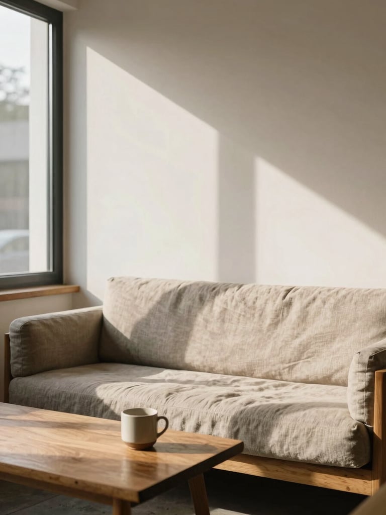 Tall portrait shot inside a serene coliving lounge, warm natural window light falling across a linen sofa and a low wooden coffee table, a single ceramic mug resting on the surface, soft shadows on warm white plaster walls, no people, calm and unhurried