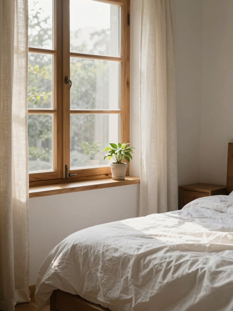 Close detail of a bright suite interior: morning light through a large window, natural wood window frame, soft linen curtains, edge of a bed with quality bedding in warm whites, a small wooden table, single potted plant on the sill, minimal and calm, emphasis on natural textures and light