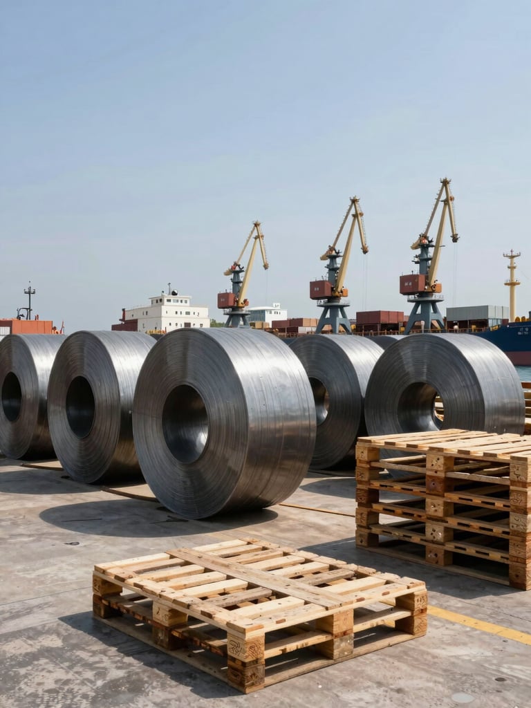 Wide low-angle shot of heavy industrial steel coils and wooden timber pallets stacked neatly on the concrete docks of Damietta Port under bright Mediterranean daylight, cargo ship cranes visible in the background.