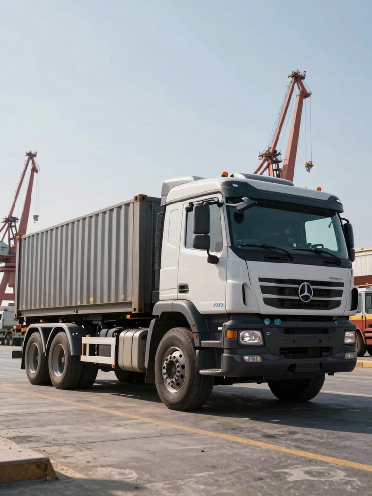 Low-angle shot of a heavy-duty container truck parked inside Damietta Port during bright daylight, industrial cranes in the background, sharp details of the truck chassis.