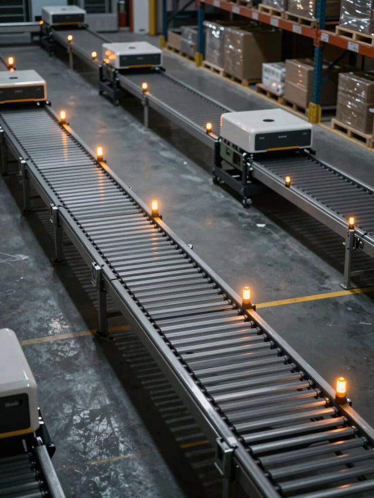 High-angle perspective of a modern automated warehouse with conveyors and AGVs under moody ambient lighting punctuated by sharp amber LED indicator lights.