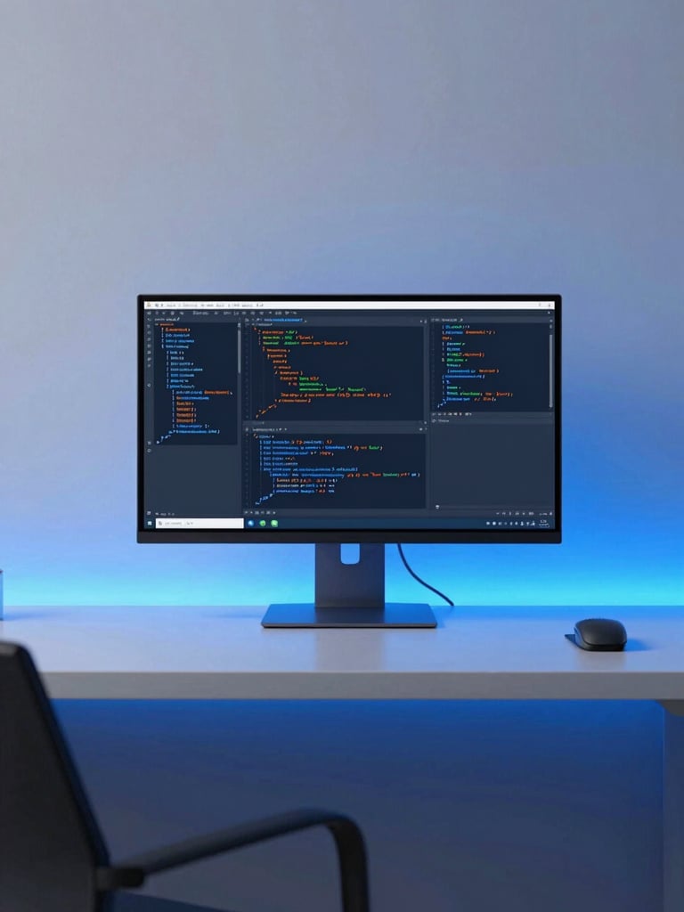 Minimalist clean workspace with complex code displayed on a high-resolution monitor, sharp focus, vibrant electric blue gel lighting, architectural lines.