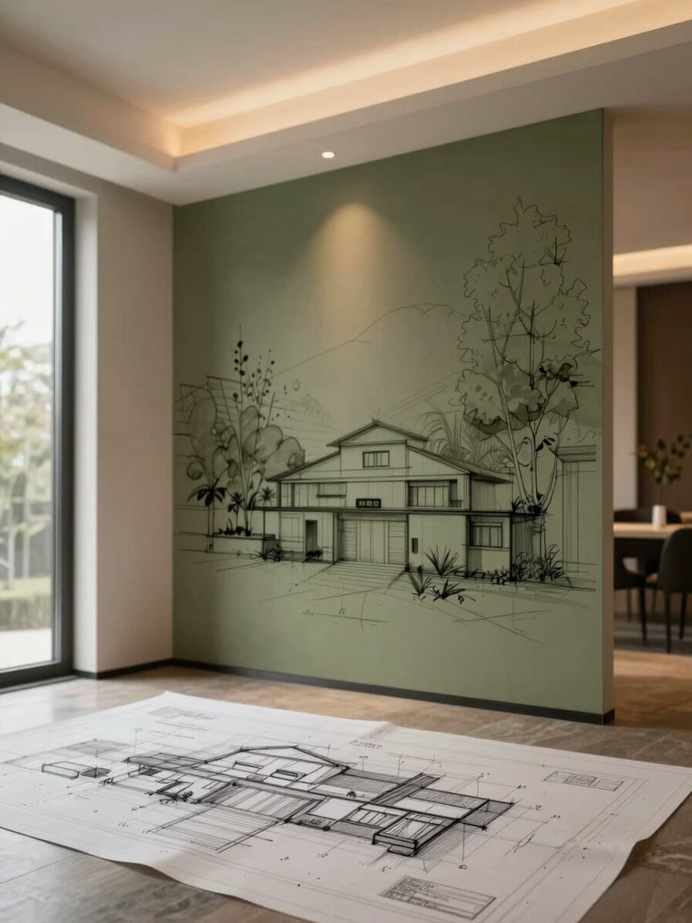An architectural blueprint of a modern villa interior with artistic sketch overlays showing wall-scale mural placement, soft side lighting