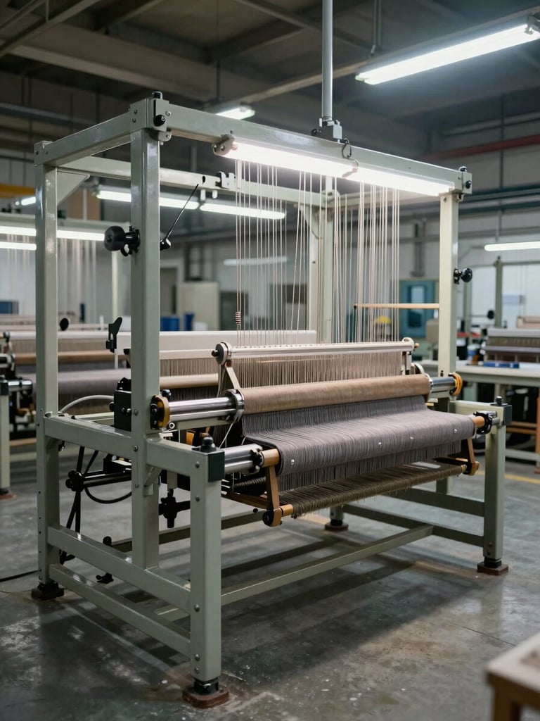 Wide environmental shot of a rapier loom in a factory hall, stationary under cool industrial fluorescent lighting, steel frame and rapier carrier mechanism visible in sharp focus, neutral concrete floor, no operators, left side of frame open