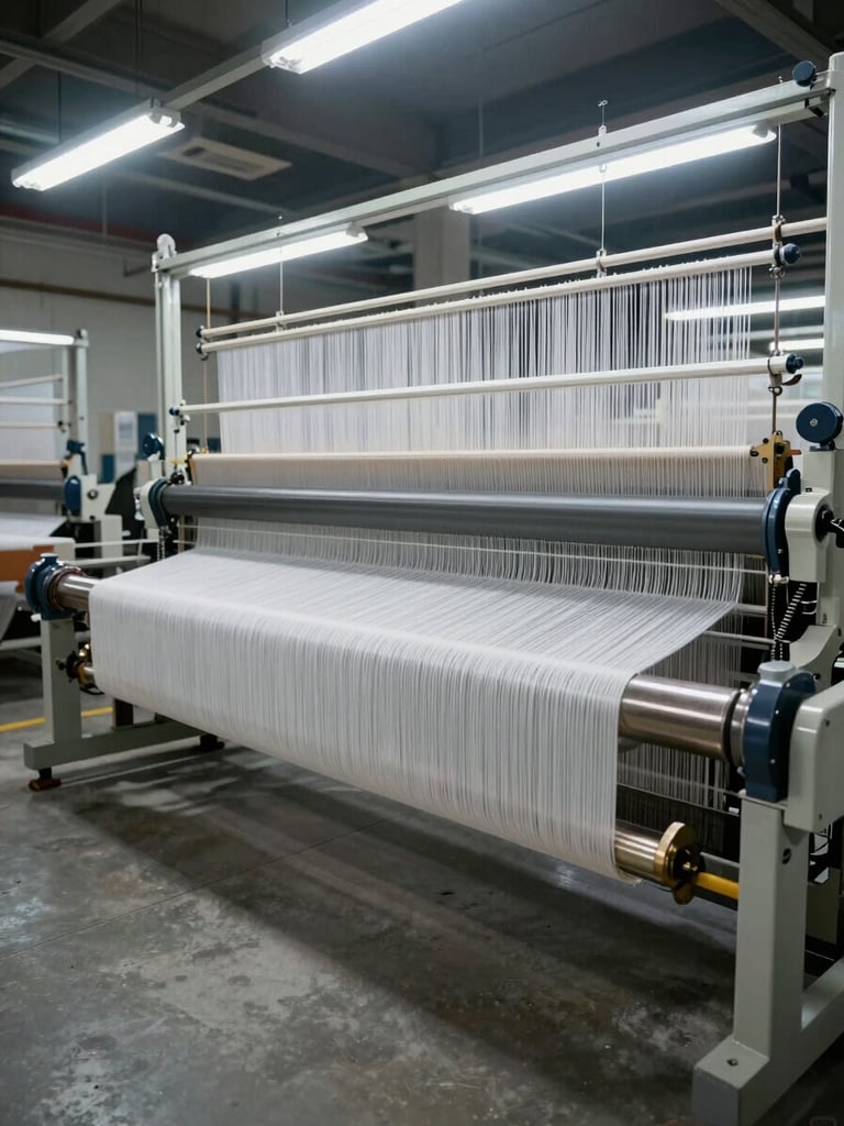 Wide environmental shot of an air-jet loom in full operation on a production floor, shot from a low angle under cool industrial fluorescent lighting; fine shirting fabric being woven visible across the full reed width, mechanical components sharply rendered, no operators in frame, neutral factory concrete floor visible in foreground