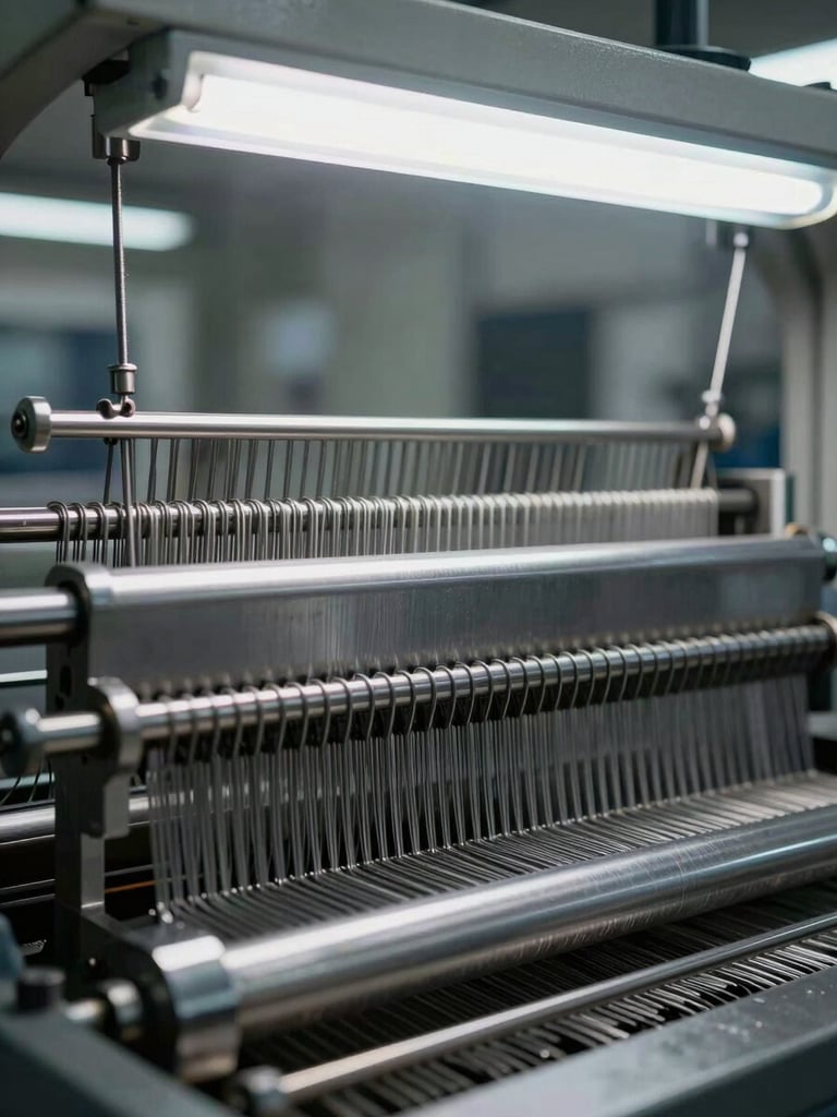 Extreme close-up of a rapier loom's steel heddle frame and weft insertion mechanism under industrial fluorescent light, precision-machined metal surfaces in sharp focus, cool grey tones, factory floor visible as blurred background, no operators, no warmth