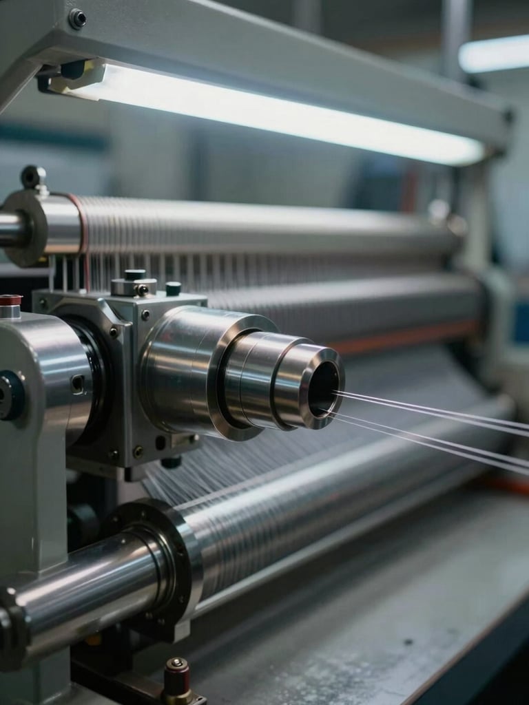 Extreme close-up of an air-jet loom nozzle assembly mounted on the reed, shot from the left side under cool industrial fluorescent light; steel components fill the frame, fine weft yarn visible threading through the nozzle aperture, shallow depth of field isolating the precision machined surfaces against a blurred factory floor background