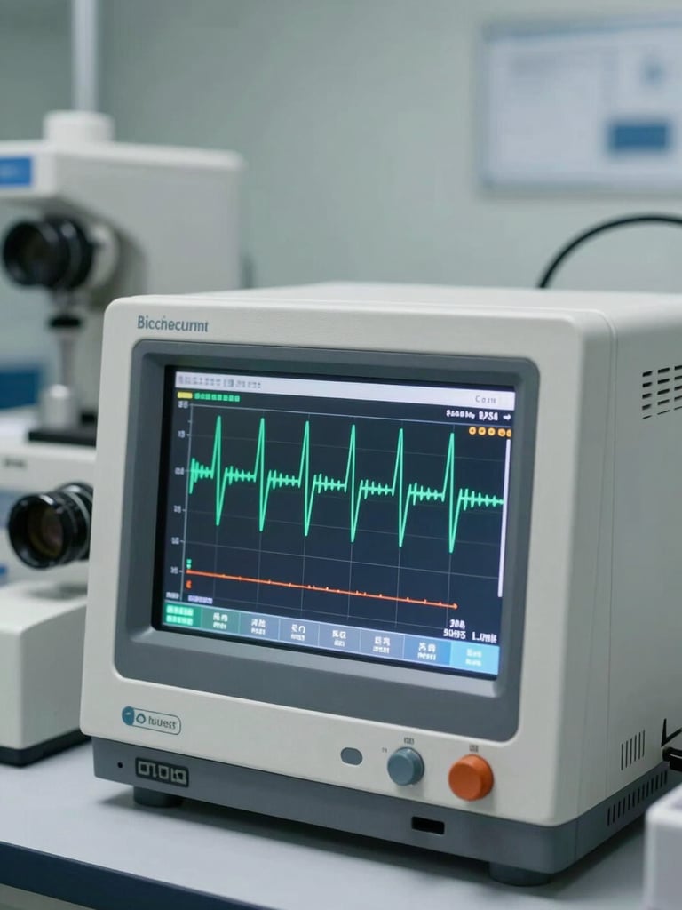 Biomedical testing equipment displaying waveforms on a screen, clinical background, precise focus, sterile environment.