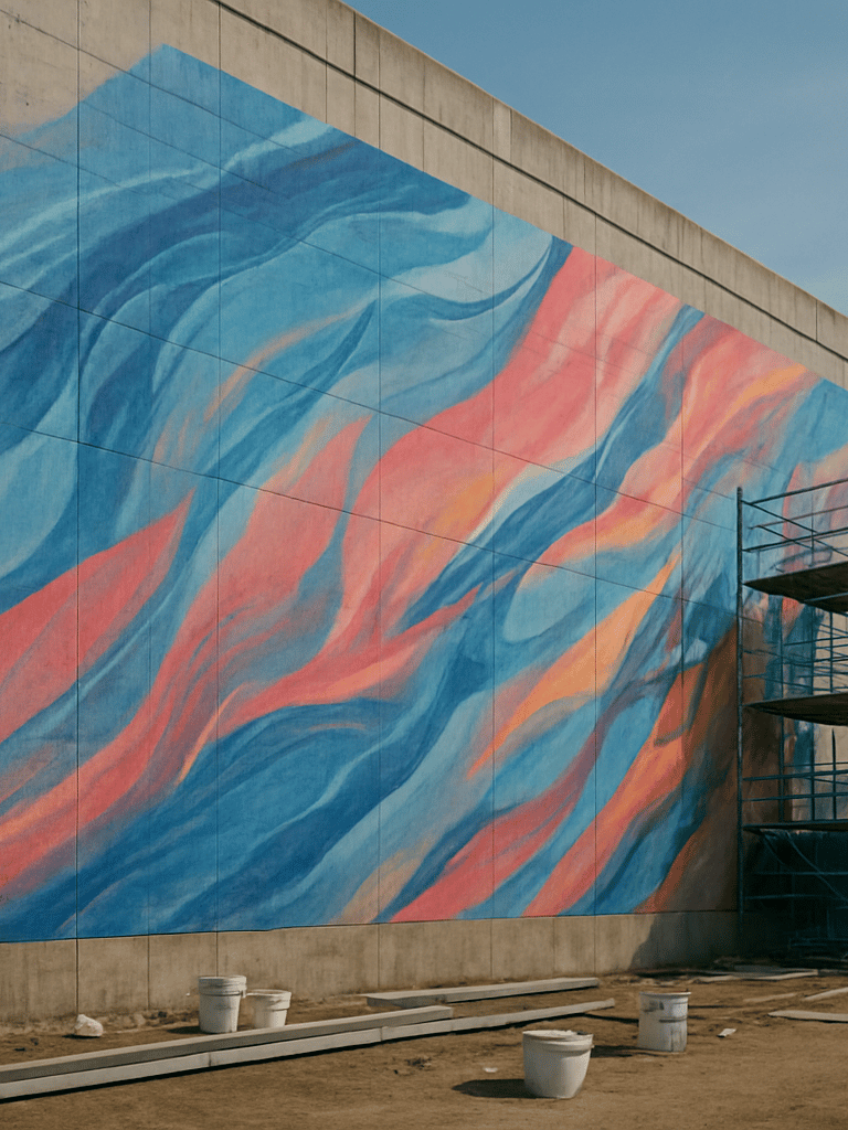 Wide on-site photograph of a large outdoor mural being installed on a concrete retaining wall, daylight shot from a low angle showing the full height of the surface and the mural edge detail at top, no people visible, material and finish quality dominant
