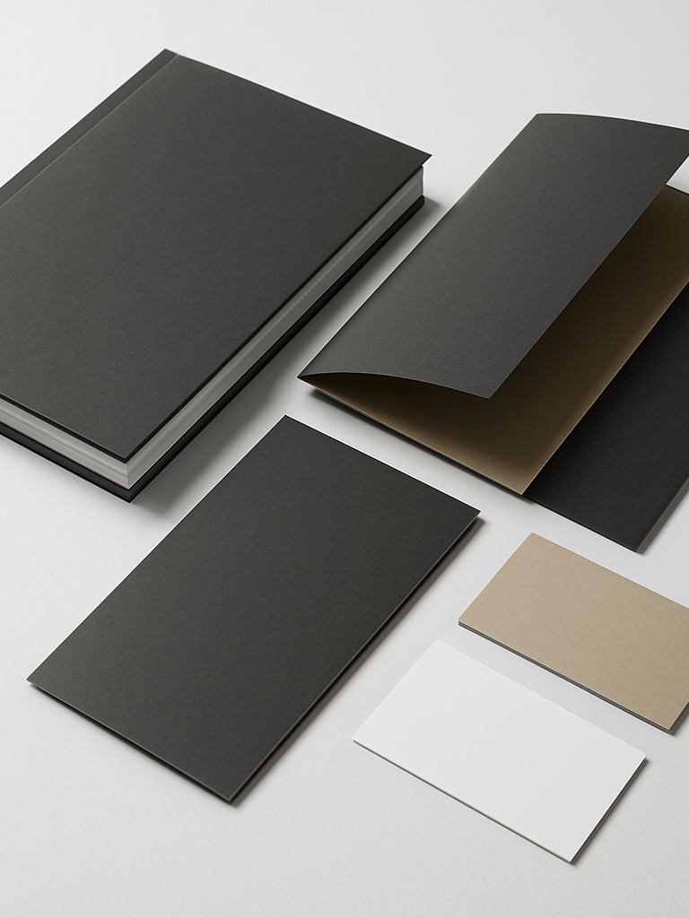 Flat-lay of premium printed collateral — a hardcover book, folded brochures, and business cards fanned on a white surface under cool even studio light, showing crisp ink edges and matte and gloss finish contrast