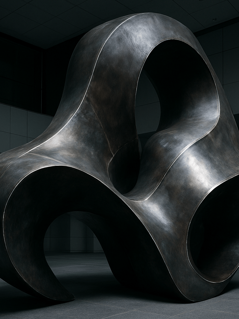 Close-up wide shot of a large polished FRP and steel sculptural installation inside a corporate atrium, cool studio-grade overhead lighting catching weld seams and surface patina, deep blacks and sharp highlights, no people, architectural negative space to the upper left