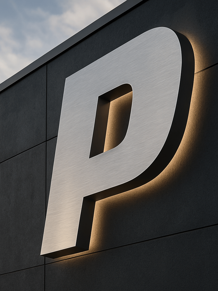 Wide environmental shot of a large-scale 3D backlit metal sign installed on a dark commercial building facade, cool daylight, extreme right framing, sharp material detail on brushed steel lettering