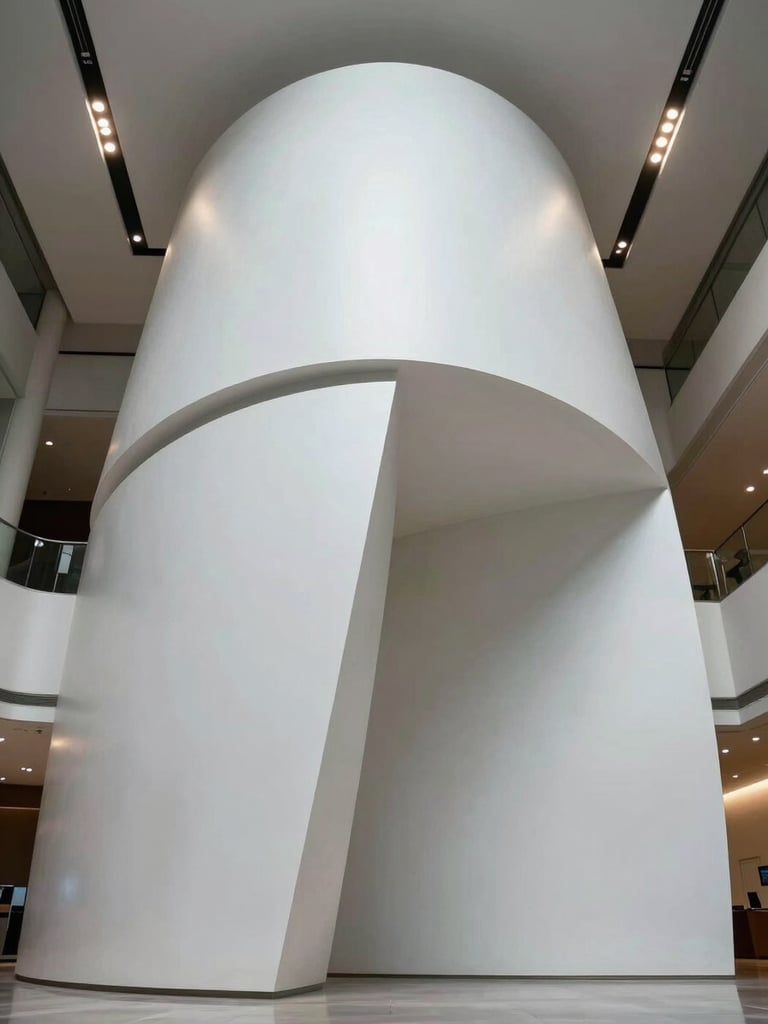 Extreme wide-angle view of a large FRP sculptural installation in a corporate lobby, metallic white finish, cool shadowless overhead lighting, camera positioned at floor level looking up to emphasize scale, no people, sharp edge detail on curved surface transitions