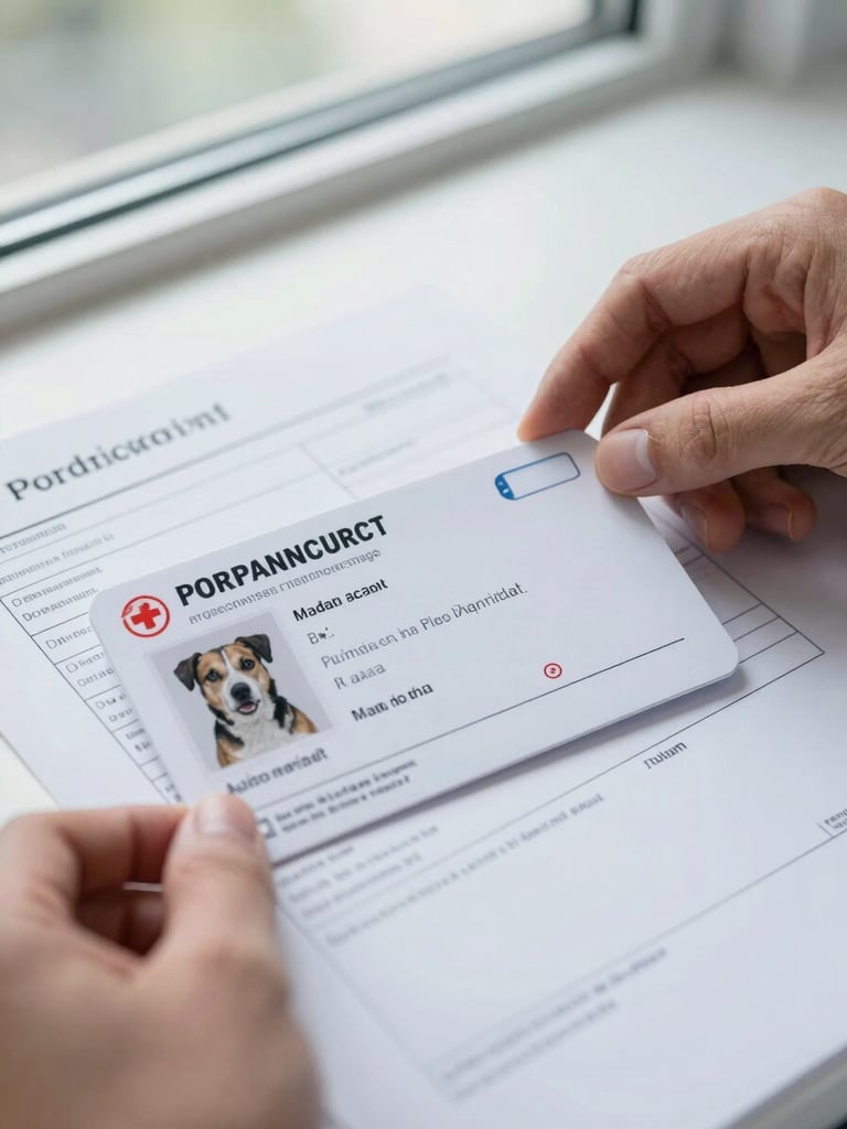 Macro close-up of a dog's vaccination card and a printed lab result resting on a white clinical surface, a hand resting at the edge reviewing the page, natural daylight from a clinic window, precise and unhurried framing