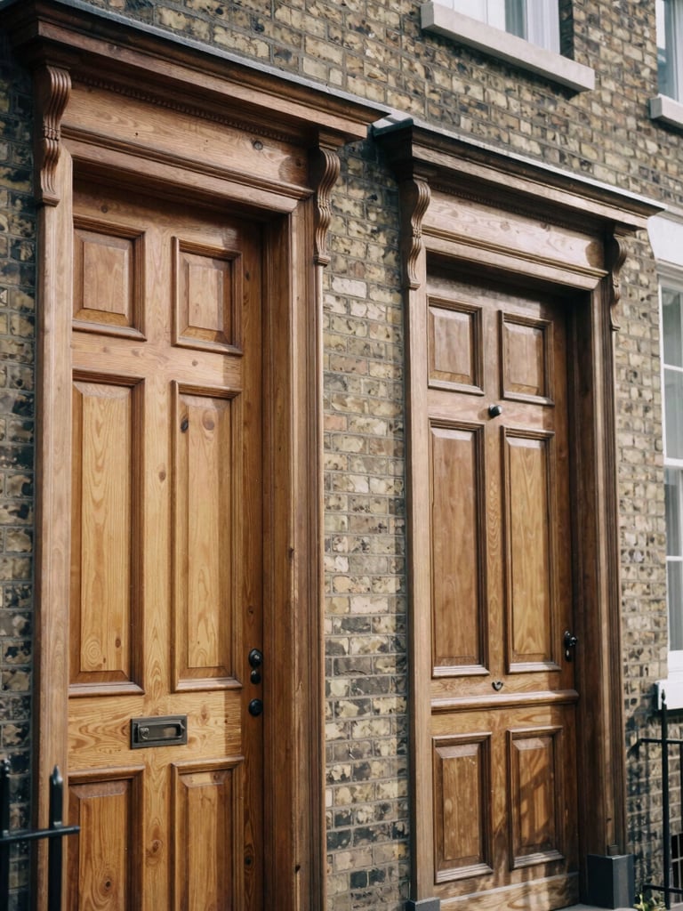 Close-up of hand-carved wooden doors on a classic brick townhouse, warm natural sunlight casting soft shadows, elegant architectural textures.