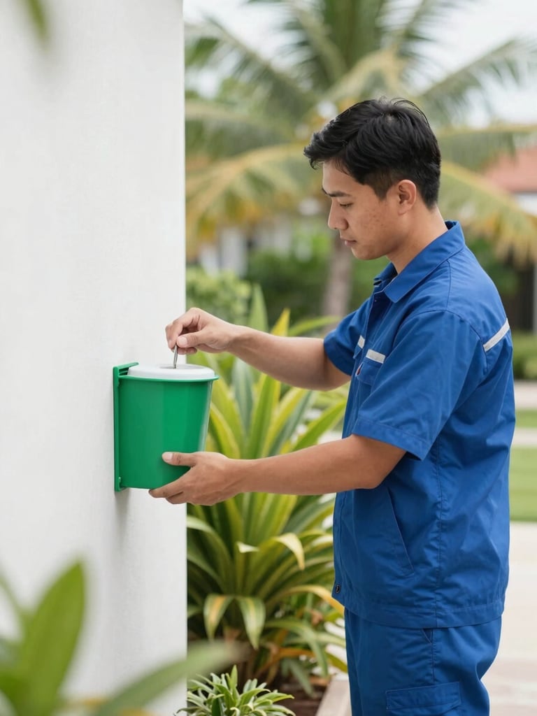 Bright natural daylight photo of a professional technician in uniform placing a non-toxic bait station near a clean garden wall, sharp focus, clinical green and blue tones