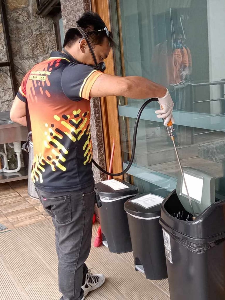 Professional pest control technician spraying disinfectant into outdoor trash bins using a pressure wand.