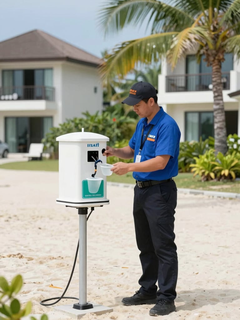 A professional technician in a branded uniform installing a non-toxic bait station outside a clean modern beach resort under bright natural daylight.