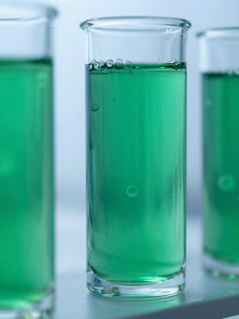 Macro close-up of sterile glass photobioreactors with bubbling green cultures under cool crisp laboratory light, 50mm scientific photography